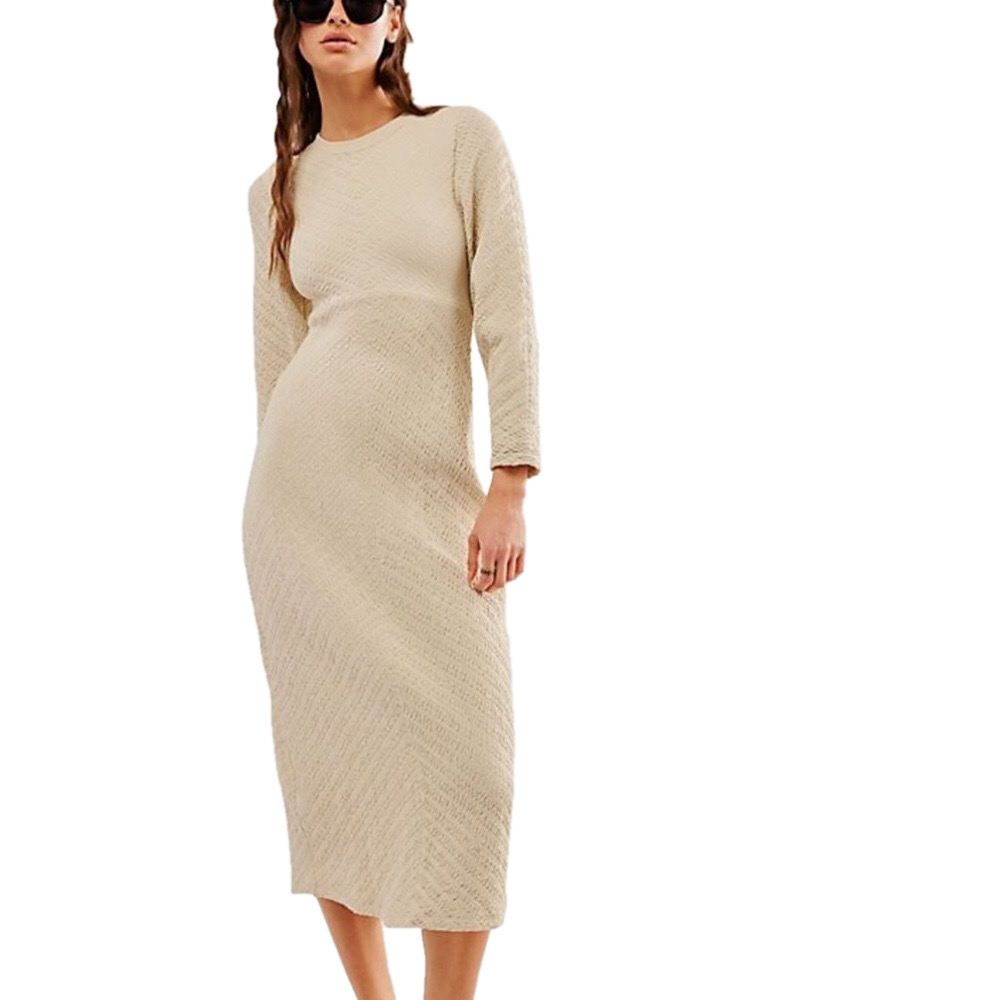 New FREE PEOPLE‎ Gabby Seamless Long Sleeve Midi Dress Wet Plaster Quilted M/L